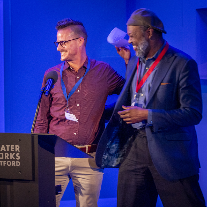 Goodspeed Musicals Managing Director David Byrd accepting one of the theater's awards alongside Presenter Godfrey Simmons.